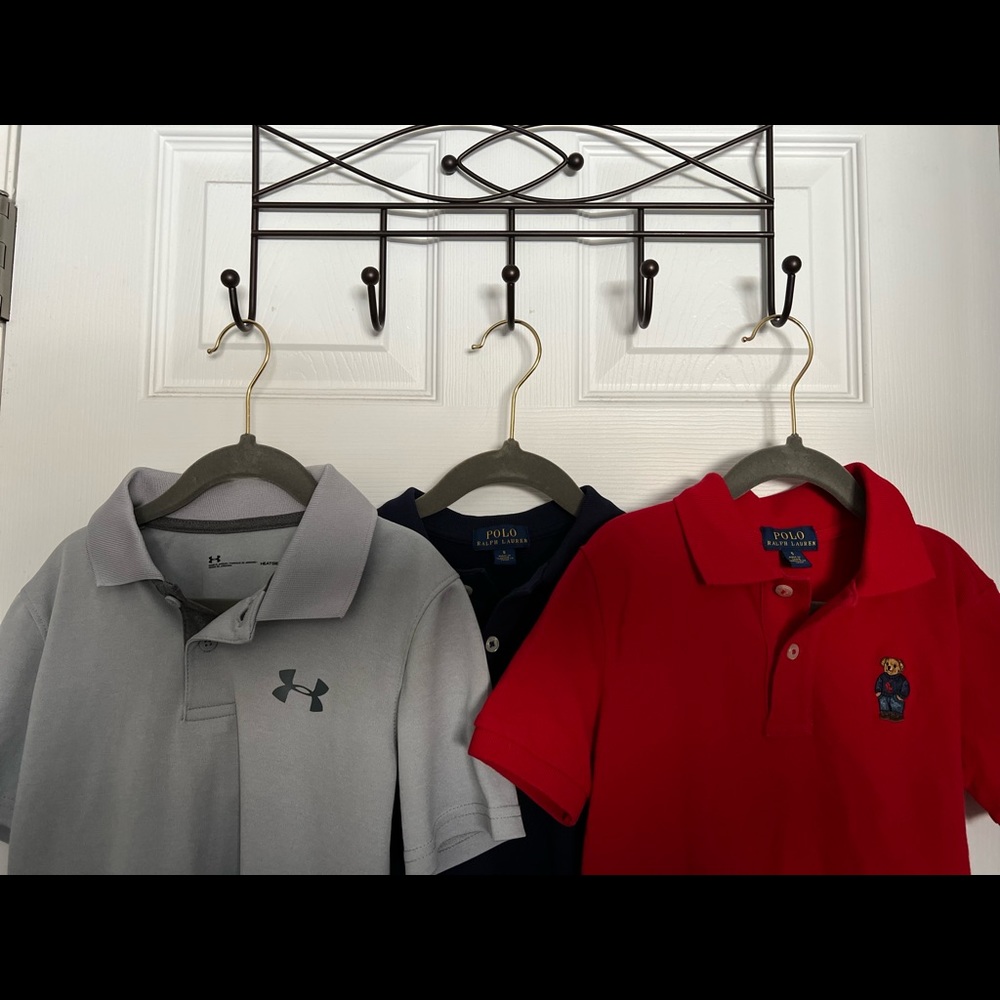 Three boys size 5 polo style shirts by Ralph Lauren and Under Armour